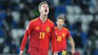 Dani Olmo celebrates  after scoring a late winner for Spain in their World Cup qualifier against Georgia at the Boris Paichadze Dinamo Arena  in Tbilisi. Photograph: Levan Verdzeuli/Getty Images