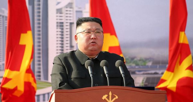 North Korean leader Kim Jong-un speaks during the ground-breaking ceremony of a construction project in Pyongyang. Photograph: STR/KCNA VIA KNS/AFP via Getty Images