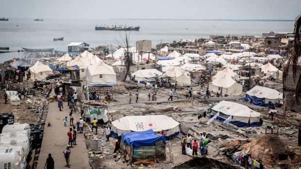 The site of last week’s fire at Susan’s Bay, Freetown, which displaced 7,000 people. Photograph: Sally Hayden