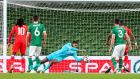 Ireland goalkeeper Gavin Bazunu makes a save during the World Cup qualifier against Luxembourg at the Aviva Stadium. Photograph: Tommy Dickson/Inpho