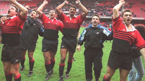 Toulouse captain Emile Ntamack (centre) and teammates celebrate their victory in the inaugural 1995-96 European Cup. Photograph: Jean-Pierre Muller/Getty/AFP