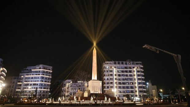 The Obelisk of Ramses II (surrounded by the recently-unveiled and restored four ancient sandstone sphinxes extracted from the Avenue of the Sphinxes in Luxor) in the centre of the main roundabout of Tahrir Square. Photograph: Getty