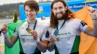 Ireland’s Fintan McCarthy and Paul O’Donovan celebrate winning the Lightweight Men’s Double A Final at the European Rowing Championships in  Varese, Italy on Sunday.  Photograph: Detlev Seyb/Inpho