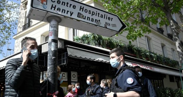 French police cordon off the area near the Henry Dunant private hospital where one person was shot dead and one injured in a shooting outside the instituion owned by the Red Cross in Paris’ upmarket 16th district on April 12th. Photograph: Anne-Christine Poujoulat/AFP via Getty
