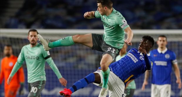  Everton’s Séamus Coleman in action against  Brighton’s Yves Bissouma  during the Premier League match  at the Amex Stadium. Photograph: Paul Childs/EPA
