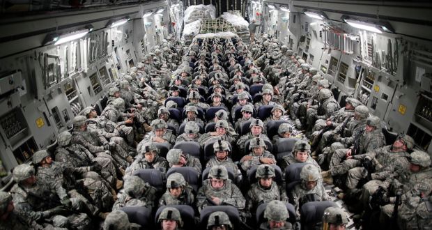 American soldiers in full gear aboard a C-17 transport bound for Mazar-i-Sharif, Afghanistan, earlier in the Afghan campaign. File photograph: New York Times 