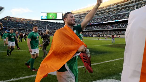 “A memory I’ll cherish is being in Soldier’s Field, Chicago with David when Ireland beat New Zealand.” Robbie Henshaw celebrates victory after the game. Photograph: Dan Sheridan/Inpho