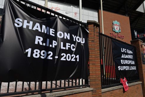 Anti-European Super League posters hang outside Anfield on Monday. Photograph: Getty Images