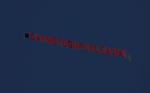 A flying banner is seen over the Elland Road stadium ahead of Monday night's clash between Leeds and Liverpool. Photograph: EPA