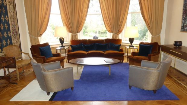 Roquebrune rug in shades of blue, grey and white by Eileen Gray at the French embassy in Dublin.