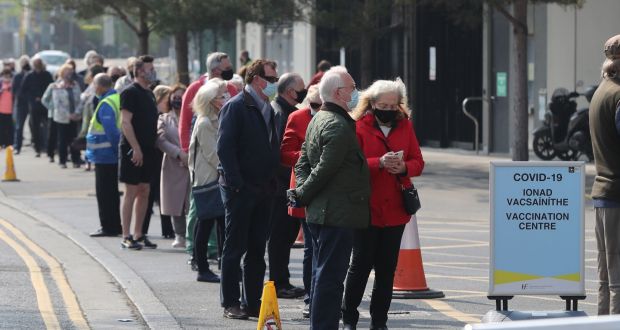 People queue up outside the Covid-19 vaccination centre at the Aviva Stadium in Dublin on  Wednesday. Photograph:  Niall Carson/ PA Wire