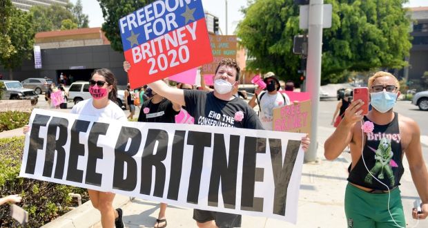 Protestors from the #FreeBritney movement outside a Los Angeles courthouse last August. The Battle for Britney: Fans, Cash and a Conservatorship airs Wednesday on BBC2. Photograph: Matt Winkelmeyer/Getty