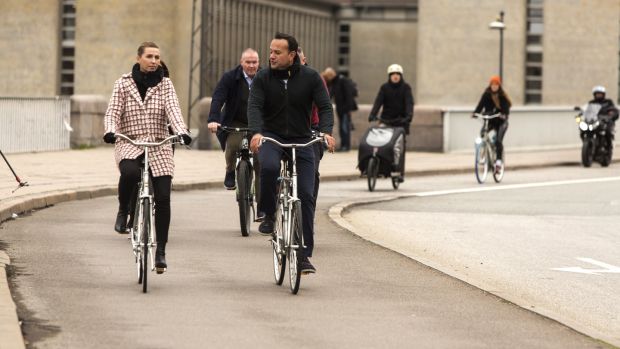 Taoiseach Leo Varadkar and Danish prime minister Mette Frederiksen on a biking tour of Copenhagen in October 2019. Photograph: Ole Jensen/Getty Images