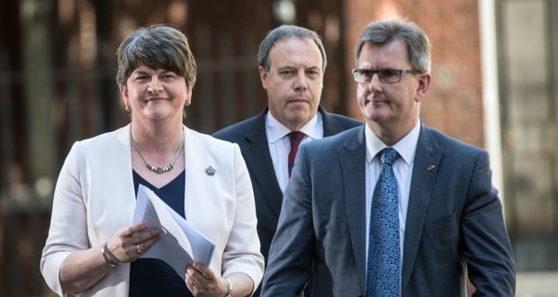 Arlene Foster, with Nigel Dodds and Jeffrey Donaldson (R) outside Downing Street in June 2017. Photograph: Carl Court/Getty Images