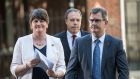 Arlene Foster, with Nigel Dodds and Jeffrey Donaldson (R) outside Downing Street in June 2017. Photograph: Carl Court/Getty Images