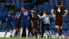 Tempers flare at the end of Chelsea’s 2-1 win over Leicester City. Photograph: Glyn Kirk/Getty/AFP
