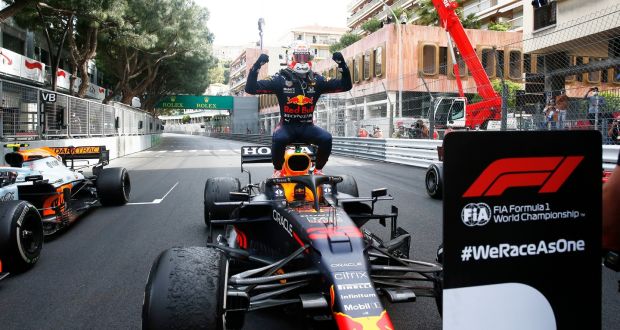 Max Verstappen celebrates his vbictory in the Monaco Grand Prix. Photograph: Sebastian Nogier/Getty