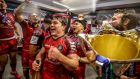  Toulouse’s Antoine Dupont and Maxime Medard  celebrate with their team-mates after beating La Rochelle in Champions Cup final. Photograph:  Dan Sheridan/Inpho