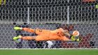 Villarreal’s Geronimo Rulli saves Manchester United goalkeeper David de Gea’s penalty during the Europa League final at Gdansk Stadium. Photograph:  Rafal Oleksiewicz/PA Wire
