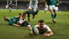  Henry Slade scores a try against Ireland at the Aviva during the 2019 Six Nations. Photograph: David Rogers/Getty Imagesges