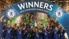 Chelsea’s Spanish defender Cesar Azpilicueta lifts the Champions League trophy at the Dragao stadium in Porto. Photograph: Getty Images