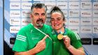 Ireland’s Kellie Harrington celebrates winning her gold medal with coach John Conlan at the European Boxing Road To Tokyo Qualifier at  Le Grand Dome in  Villebon-sur-Yvette, Paris. Photograph: Dave Winter/Inpho