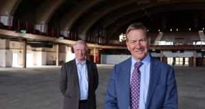 Historian Michael Laffan (left) with Michael Portillo  at  Kings Hall Belfast. Partition 1921 is to be broadcast on RTÉ One at 9.30pm on Monday, June 14th.