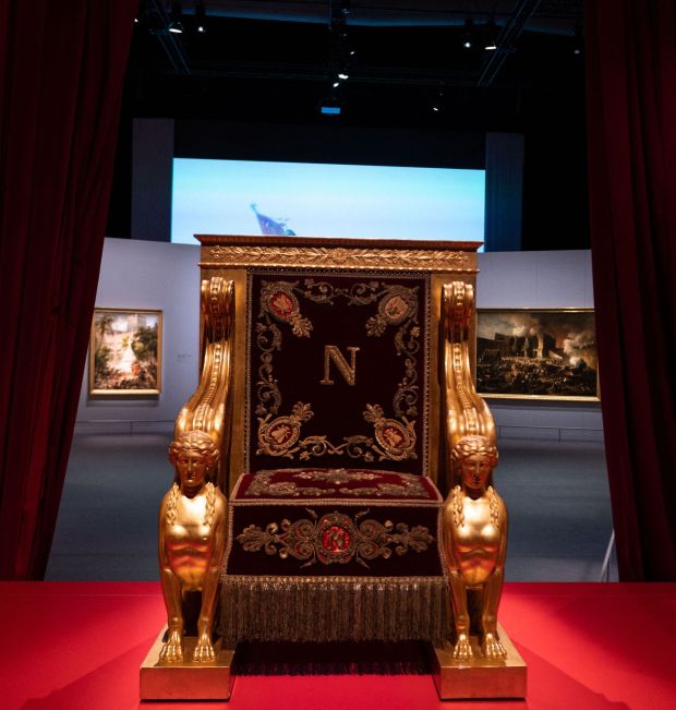 Napoleon's throne exhibited at the Halle de la Villette.  He crowned himself Emperor of France in 1804. Photograph: Martin Bureau/AFP via Getty