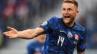  Milan Skriniar of Slovakia celebrates after scoring his team’s second goal during the  Euro 2020 Group E match against Poland  in St Petersburg. Photograph: Kirill Kudryavtsev/EPA 