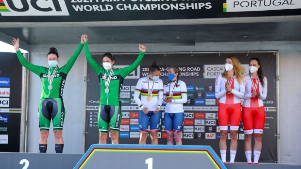 Katie-George Dunlevy and tandem partner Eve McCrystal took two silver medals this month at the paracycling world championships in Portugal. Photograph: Jean-Baptiste Benavent