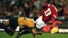 Brian O’Driscoll dives over the line to score a try for the of the British and Irish Lions during the first Test against Australia at the Gabba in Brisbane in June 2001. Photograph: David Rogers/Allsport