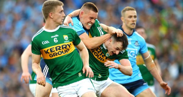 Dublin’s Con O’Callaghan and Tom O’Sullivan of Kerry clash during the 2019 All-Ireland SFC final replay at Croke Park. Photograph: James Crombie/Inpho