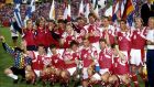  Denmark players celebrate  with the trophy after the Euro 1992 final victory over Germany in Sweden.  Photograph:  Alessandro Sabattini/Getty Images
