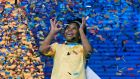 Zaila Avant-garde (14), from Harvey, Louisiana is covered with confetti as she celebrates winning the finals of the 2021 Scripps National Spelling Bee at Disney World, Florida. Photograph: John Raoux/AP