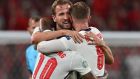 England’s Raheem Sterling,  Harry Kane and  Jordan Henderson celebrate after the semi-final victory over Denmark at Wembley Stadium. Photograph:  Paul Ellis/AFP/Getty 