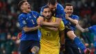 Italy’s goalkeeper Gianluigi Donnarumma   celebrates with team-mates after winning the   Euro 2020 final against England. Photograph: Laurence Griffiths/POOL/AFP