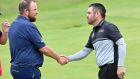 Ireland’s Shane Lowry shakes hands with South Africa’s Louis Oosthuizen. Photograph: Paul Ellis/Getty/AFP