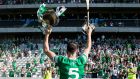 Limerick’s Diarmuid Byrnes with the Mick Mackey Cup after winning  the Munster    championship final. Photograph: Tommy Dickson/Inpho