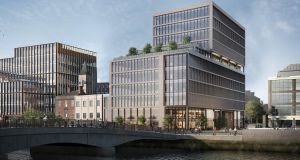 A computer-generated image of the office scheme proposed in a feasibility study for the City Arts Centre site in Dublin’s south docklands.