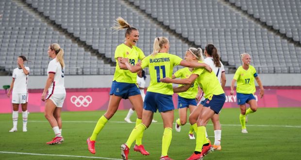 Sweden celebrate after their second goal in their 3-0 win over the USA in Tokyo. Photograph: Doug Mills/NYT