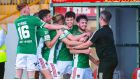 Cork City players celebrate Dale Holland’s goal in the  FAI Cup first-round win over Sligo Rovers at the  Showgrounds. Photograph: Evan Logan/Inpho