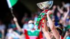 Aidan O’Shea lifts the Nestor Cup as Mayo celebrate the Connacht final win over Galway at Croke Park. Positioning the towering O’Shea at full forward is the best option for Mayo going forward. Photograph: Tommy Dickson/Inpho 