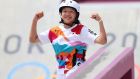  Japan’s Momiji Nishiya  celebrates during the women’s skateboarding street final   at Ariake Urban Sports Park   in Tokyo. Photograph: Patrick Smith/Getty Images
