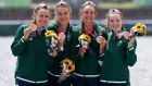   Ireland’s Aifric Keogh, Eimear Lambe, Fiona Murtagh and Emily Hegarty  pose with their bronze medals after the Women’s Four final   in Tokyo, Japan. Photograph:  Naomi Baker/Getty Images