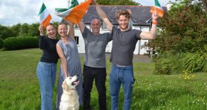 Olympic Gold Medalist Fintan McCarthy’s family Sue, Tom, Caitin and Jake with Albie the golden retriever as they celebrate Fintan’s and Paul O’Donovan’s Olympic Gold Medal victory at home at Aughadown, West Cork. Photograph: Anne Minihane.