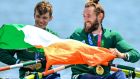 Fintan McCarthy and Paul O’Donovan   celebrate their gold medal  victory in the Men’s Double Sculls at the   Sea Forest Waterway, Tokyo. Photograph: Steve McArthur/Inpho  