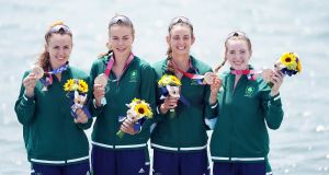 Ireland’s Aifric Keogh, Fiona Murtagh, Eimear Lambe and  Emily Hegarty after the Women’s Four final in Tokyo, Japan. Photograph: Mike Egerton/PA Wire