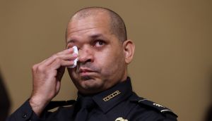  US Capitol police officer Sgt Aquilino Gonell becomes emotional as he testifies before the House Select Committee investigating the January 6th attack on the US Capitol. Photograph: Chip Somodevilla/Getty Image