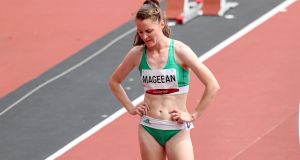 Ciara Mageean is dejected after the Women’s 1,500m heats at the Olympic Stadium in Tokyo on Monday. Photograph: Bryan Keane/Inpho