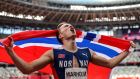  Norway’s Karsten Warholm after  winning the gold medal in the men’s 400m hurdles in Tokyo. Photograph:   Patrick Smith/Getty Images